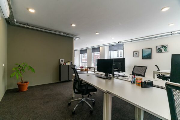 Modern kantoor met bureaus, beeldschermen, planten en wanddecoratie aan een grote, lichte raamzijde.