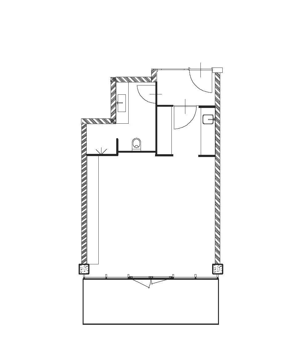 Plattegrond van een appartement aan de Danzigerkade met indeling van woonruimte, badkamer, toilet en balkon.