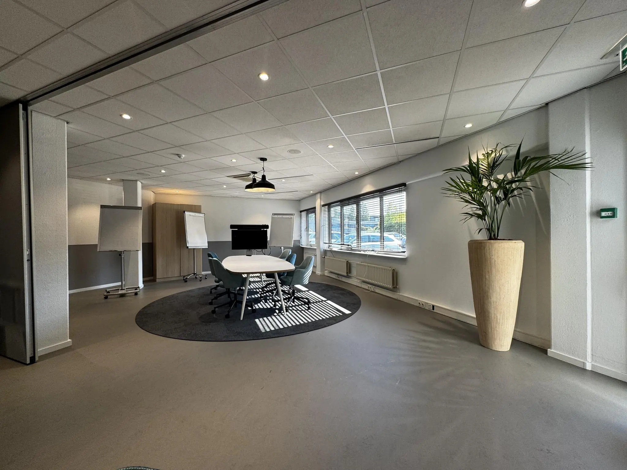 Moderne vergaderruimte met ovale tafel, presentatiemiddelen en grote ramen bij Softwareweg.