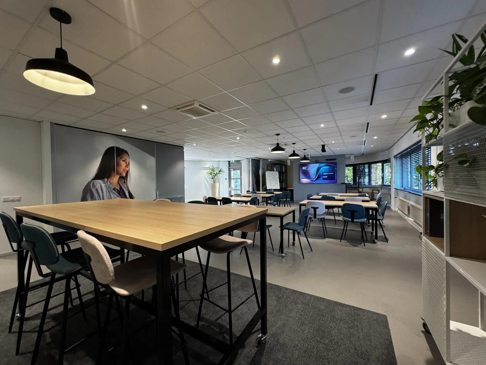 Moderne vergaderruimte bij Softwareweg met hoge en lage tafels, een beeldscherm en een grote wandafbeelding van een vrouw.