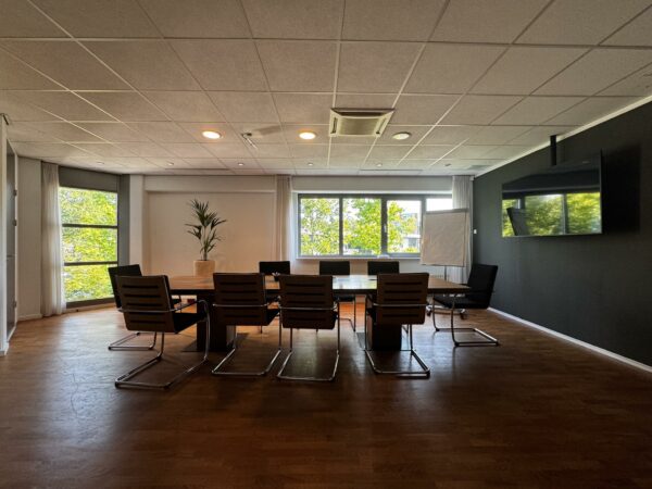 Vergaderruimte met lange tafel, moderne stoelen, groot scherm aan de muur en uitzicht op groen buitenraam bij Softwareweg.