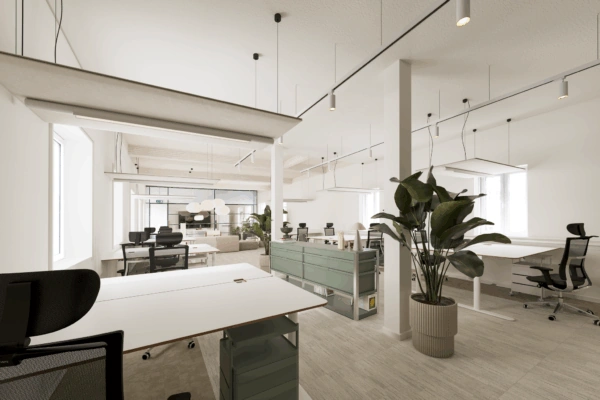 Modern en licht kantoorinterieur aan de Vliegtuigstraat met werkplekken, groene kasten en grote kamerplant.