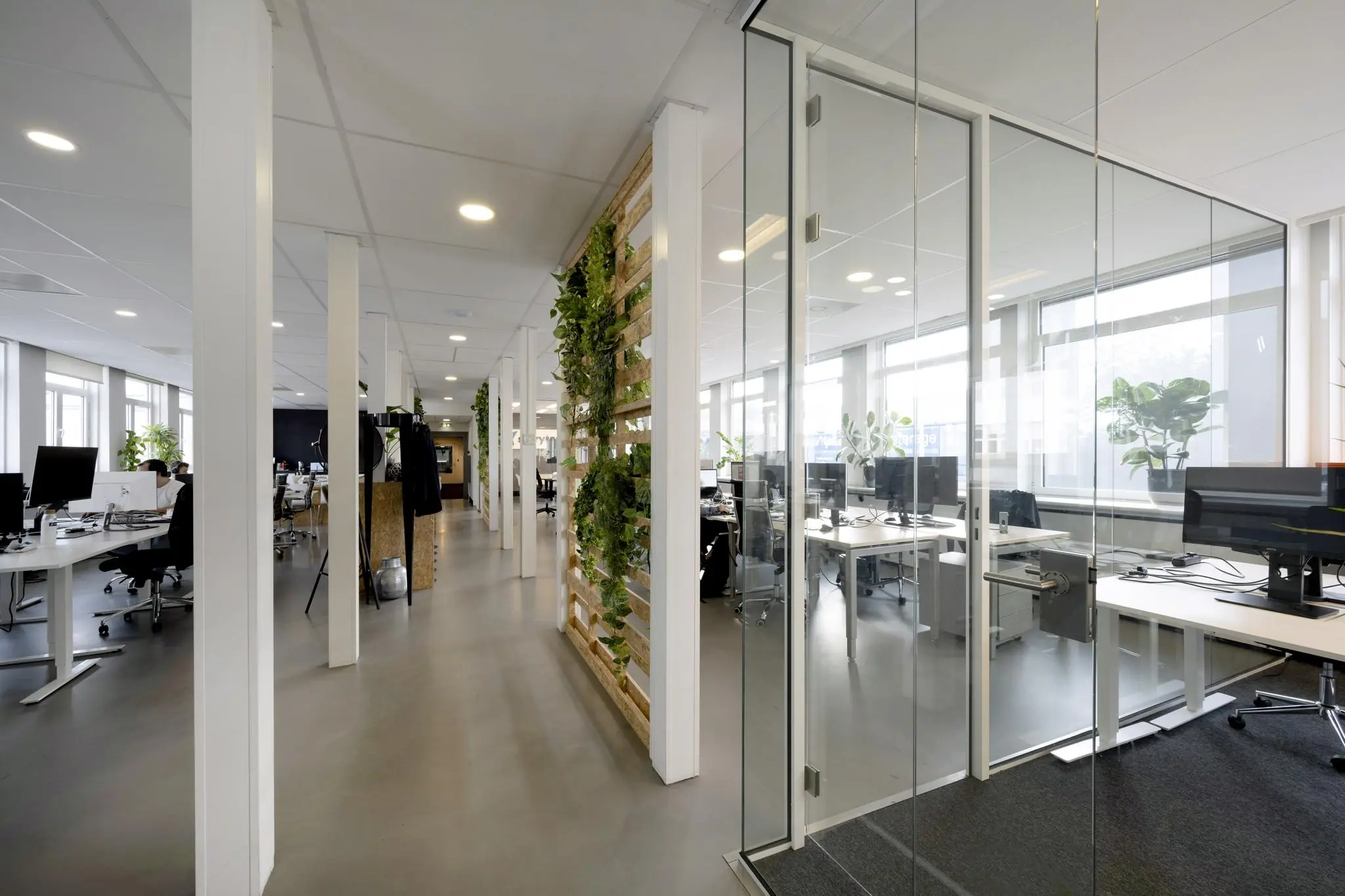 Moderne open kantoorruimte aan de Vliegtuigstraat met glazen vergaderruimte en groene plantenwand.