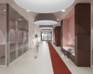 Moderne kantoorhal aan de Prof. E.M. Meijerslaan 3 in Amstelveen met strakke verlichting, houten wandelementen en zitnissen.