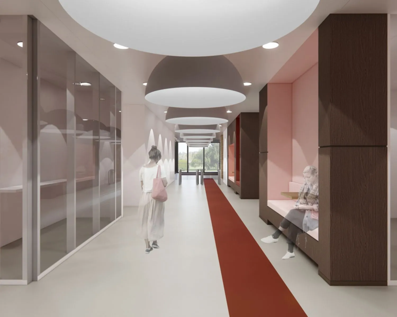 Moderne kantoorhal aan de Prof. E.M. Meijerslaan 3 in Amstelveen met strakke verlichting, houten wandelementen en zitnissen.