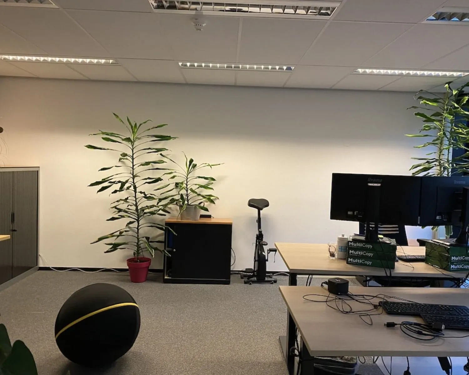 Moderne kantoorruimte in Elisabethhof te Leiderdorp met bureaus, computerschermen, planten en een bureaufiets.