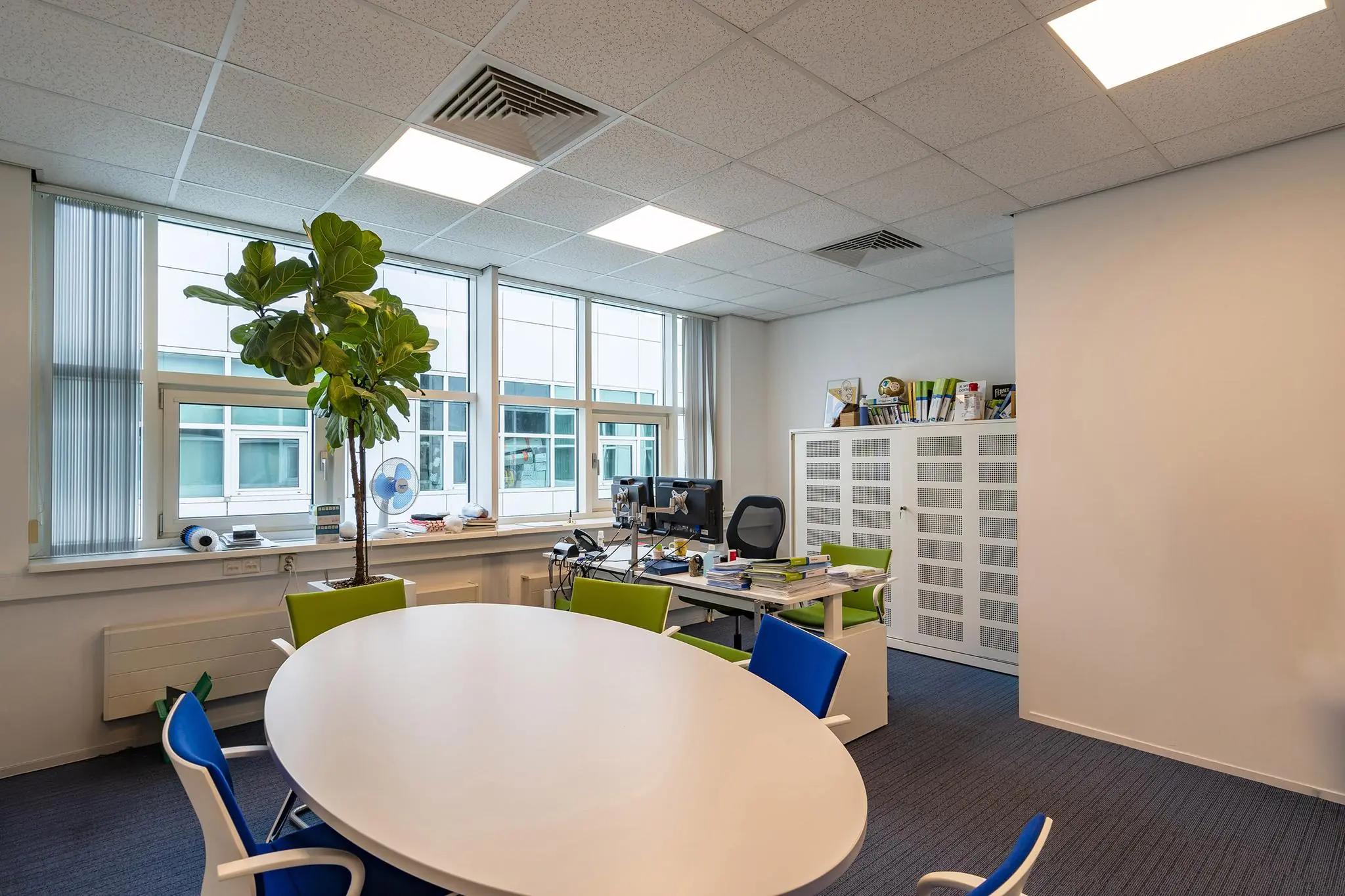 Modern kantoor met een ovale vergadertafel, bureaus, planten en royale raampartijen bij Rhijnspoor.