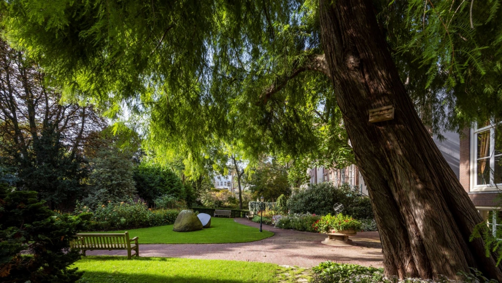 Rustige binnentuin aan de Herengracht met bankjes, kunstobjecten en weelderig groen.