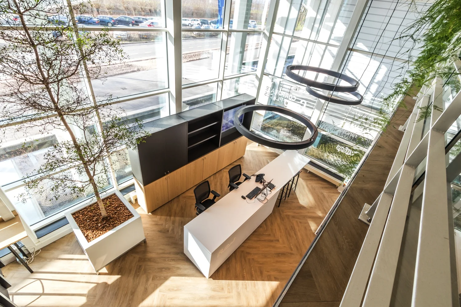 Moderne, lichte ontvangsthal aan de Reactorweg met hoge ramen, een balie, kantoorstoelen, hanglampen en veel groen.