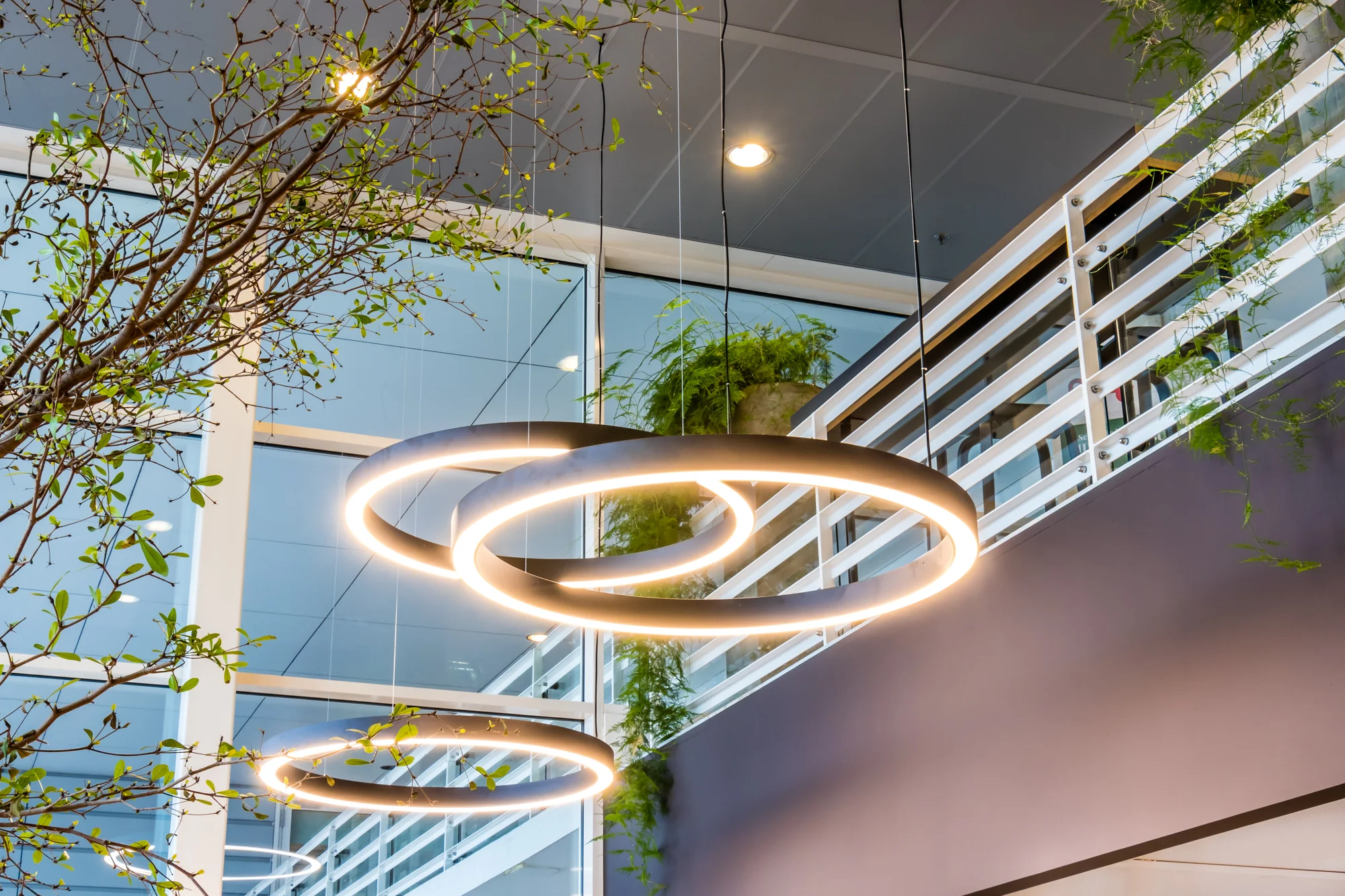 Moderne ronde hanglampen in een licht en groen atrium aan de Reactorweg.