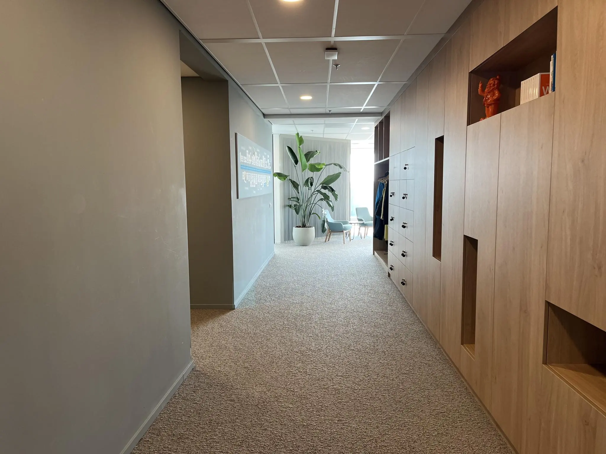 Moderne kantoorhal aan de Newtonlaan met houten kastenwand, planten en zithoek in de verte.