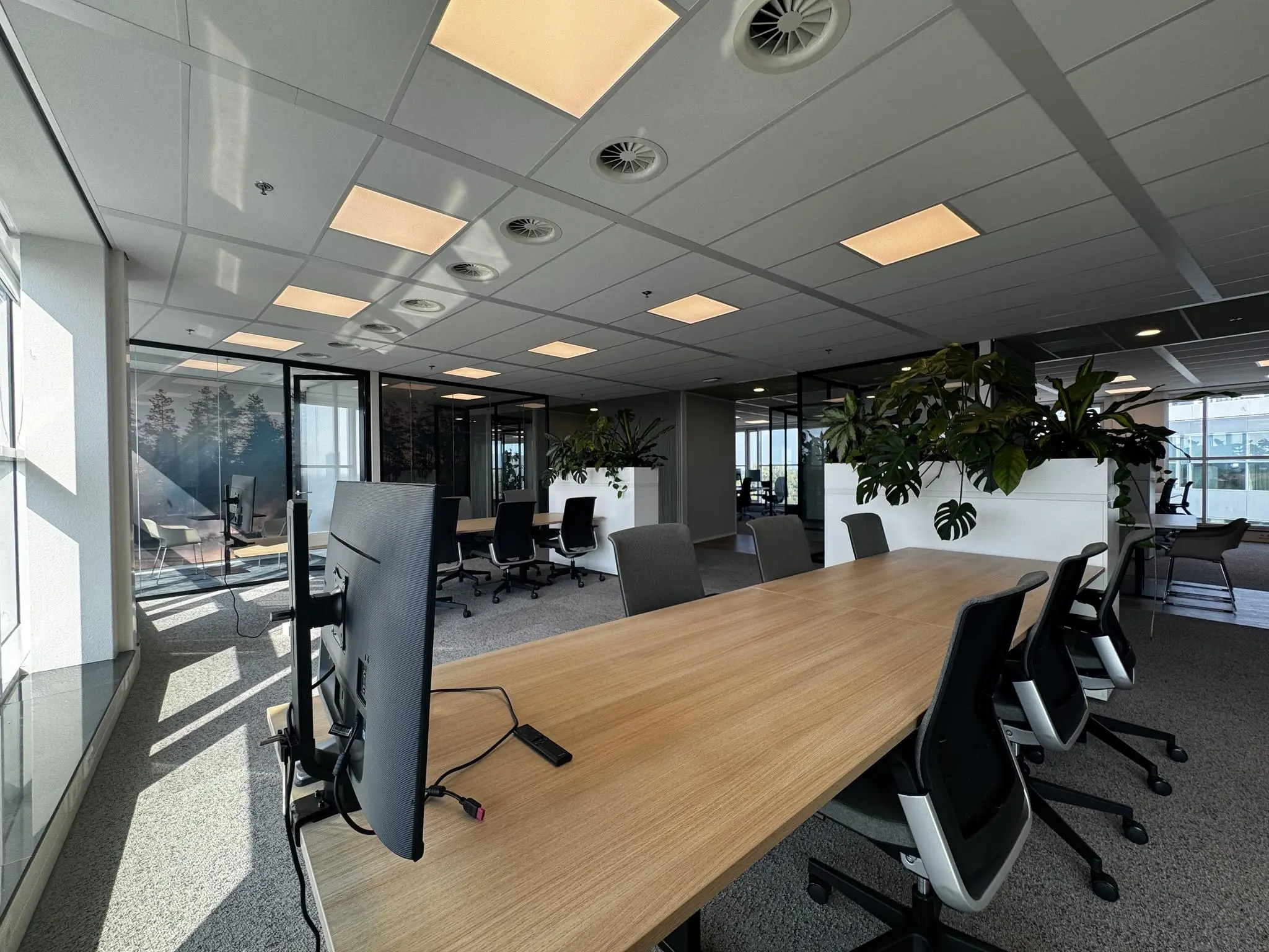 Moderne kantoorruimte aan de Newtonlaan met lange vergadertafel, bureaustoelen, planten en veel natuurlijk licht.