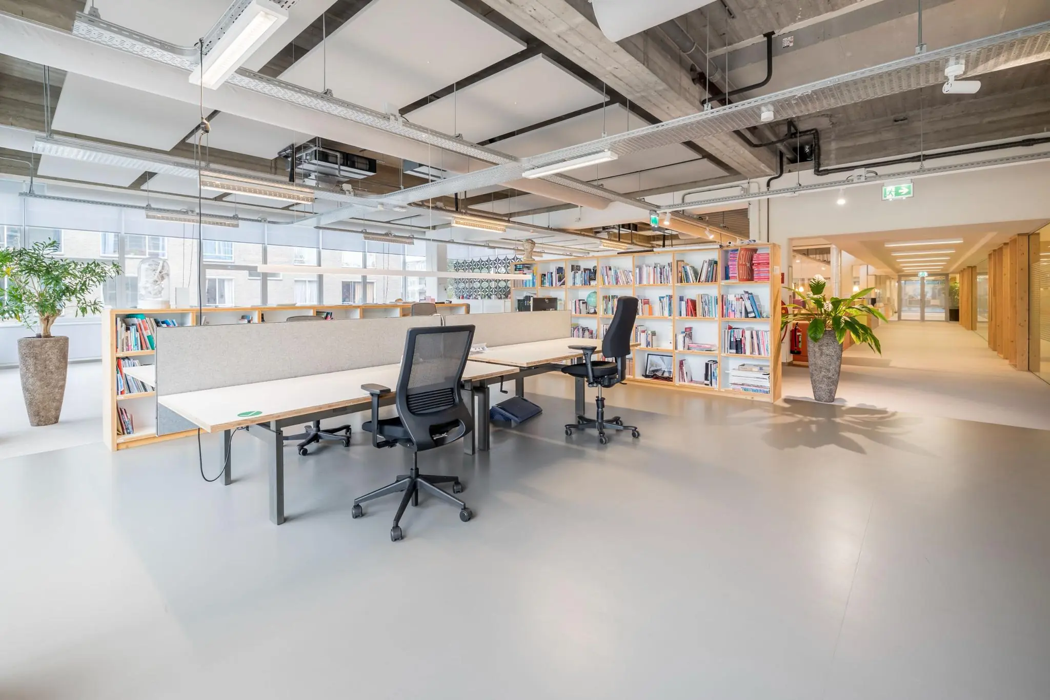 Moderne open kantoorruimte aan de Helmholtzstraat met werkplekken, boekenkasten en grote planten.