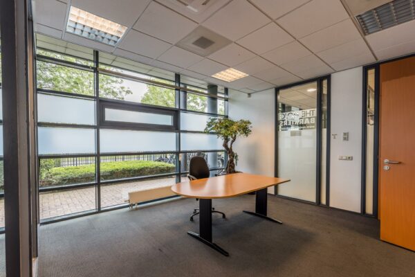 Kantoorruimte met groot raam, houten bureau, bureaustoel en een bonsaiboom in bedrijfsgebouw Veldzigt.