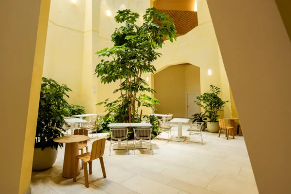 Open en licht atrium in Het Zandkasteel met tafels, stoelen en weelderige groene planten.