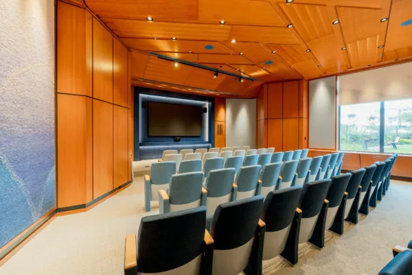 Moderne bioscoopzaal met zachte stoelen, houten wanden en een groot projectiescherm in Zandkasteel.