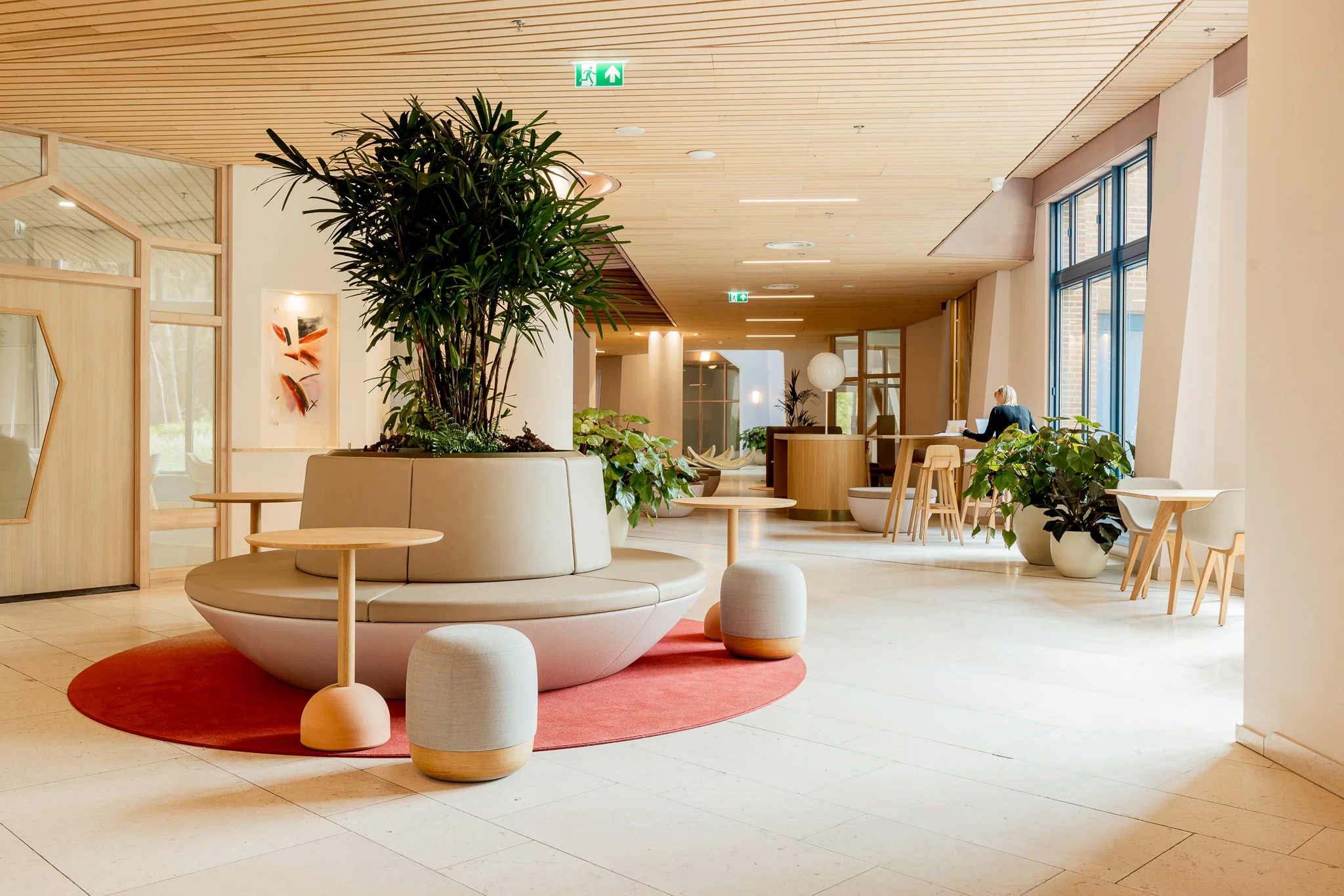 Moderne en lichte wachtruimte in het Zandkasteel met centrale plantenbak, zitmeubilair en houten interieurdetails.