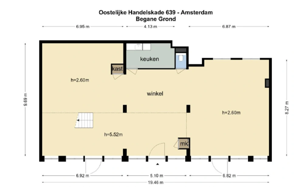 Plattegrond van de begane grond van winkelpand aan de Oostelijke Handelskade 639 in Amsterdam met keuken, kast, meterkast en winkelruimte.