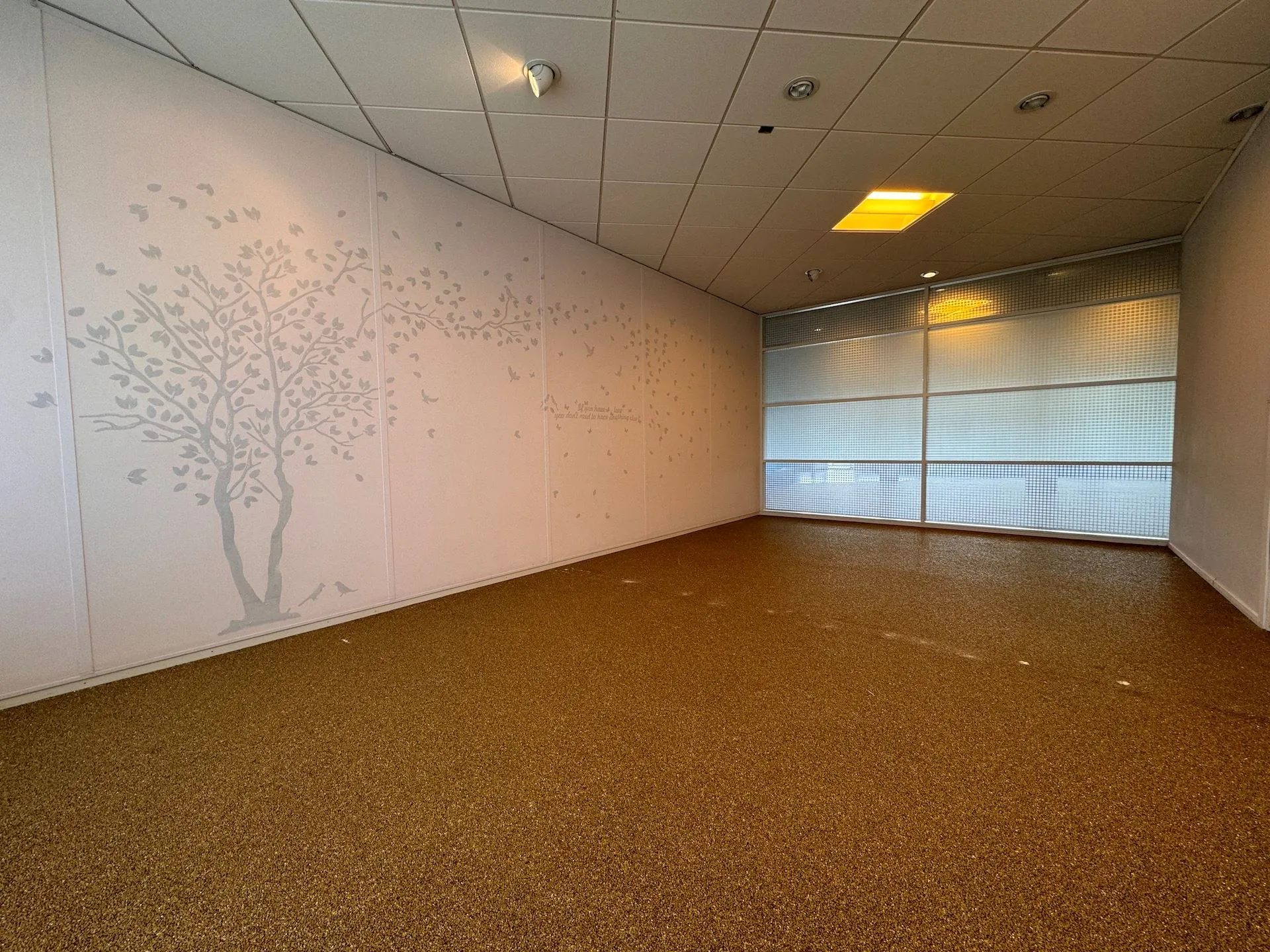 Lege kamer met een boomillustratie op de muur, bruine vloerbedekking en glazen wand aan het uiteinde.