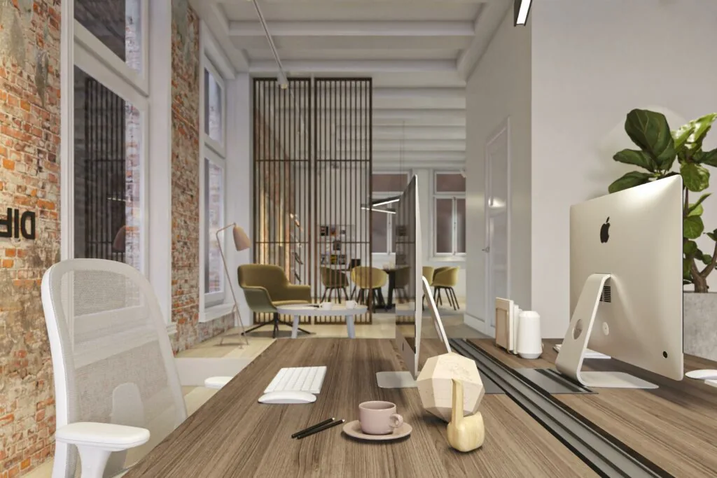 Modern kantoorinterieur aan het Rokin met houten bureaus, iMacs, designmeubilair en een industrieel bakstenen muur.