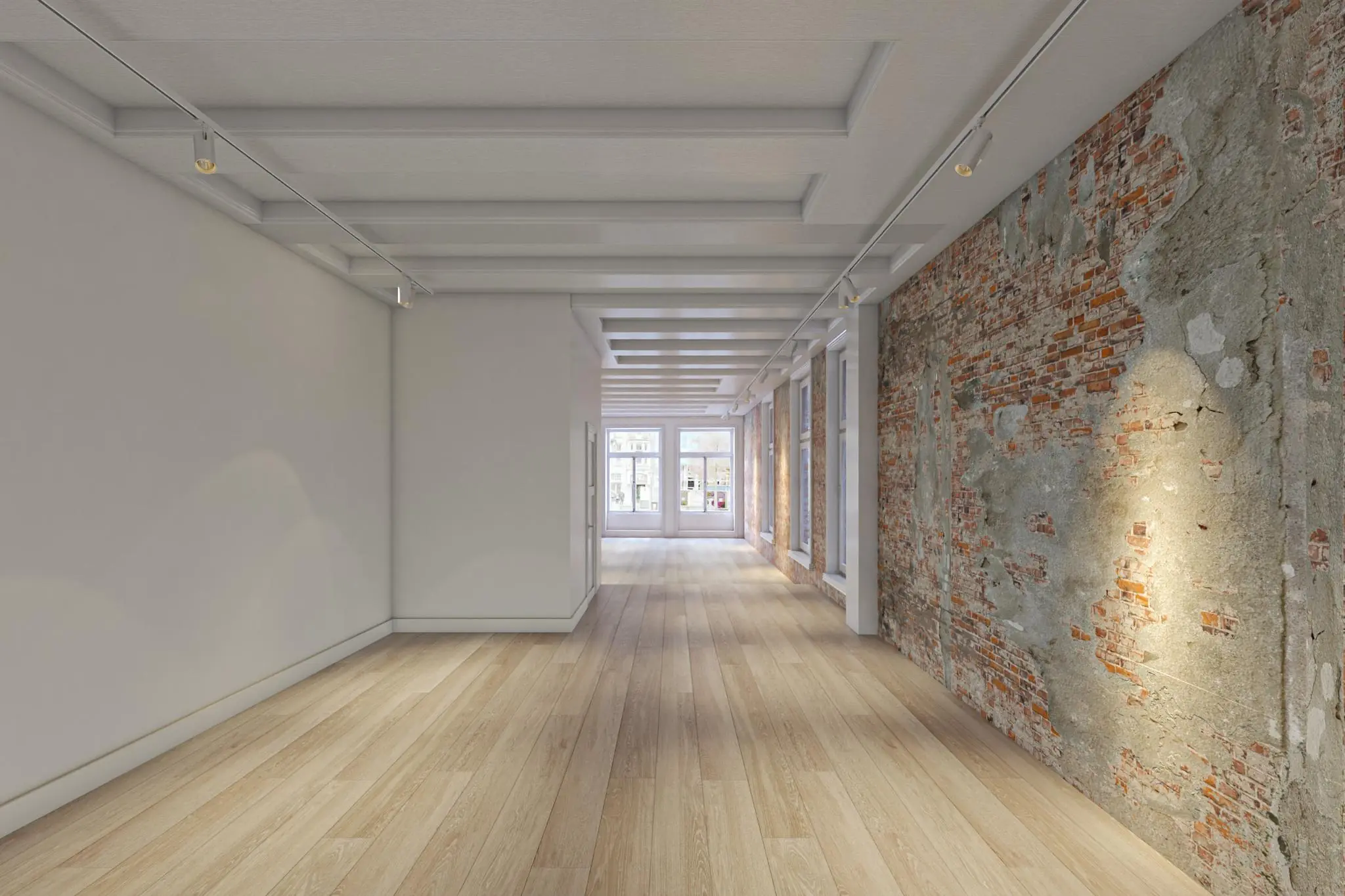 Licht en modern interieur aan het Rokin met houten vloer, bakstenen muur en grote raampartijen aan het einde van de ruimte.