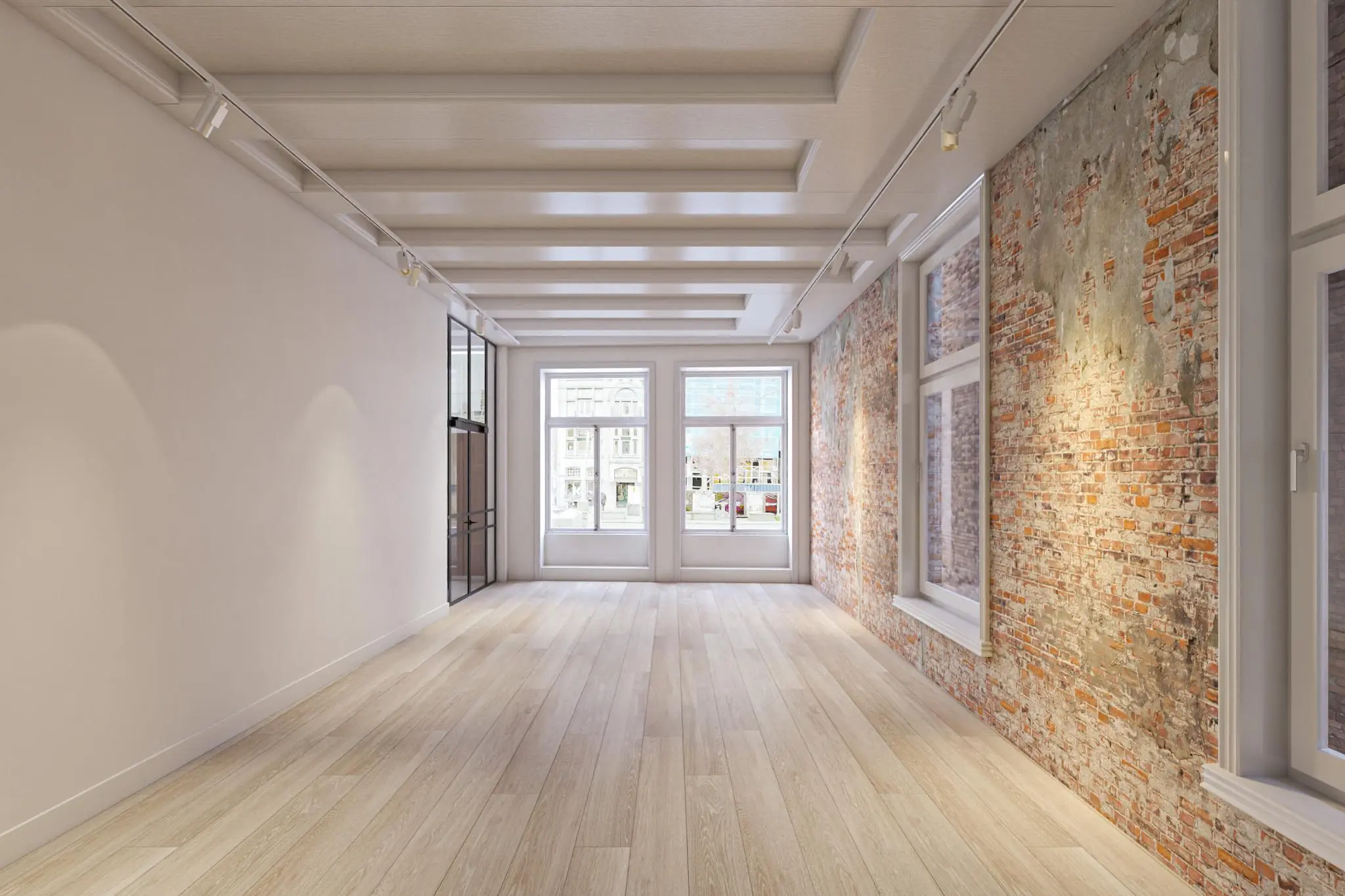 Licht en modern appartement aan het Rokin met houten vloer, grote ramen en een karakteristieke bakstenen muur.
