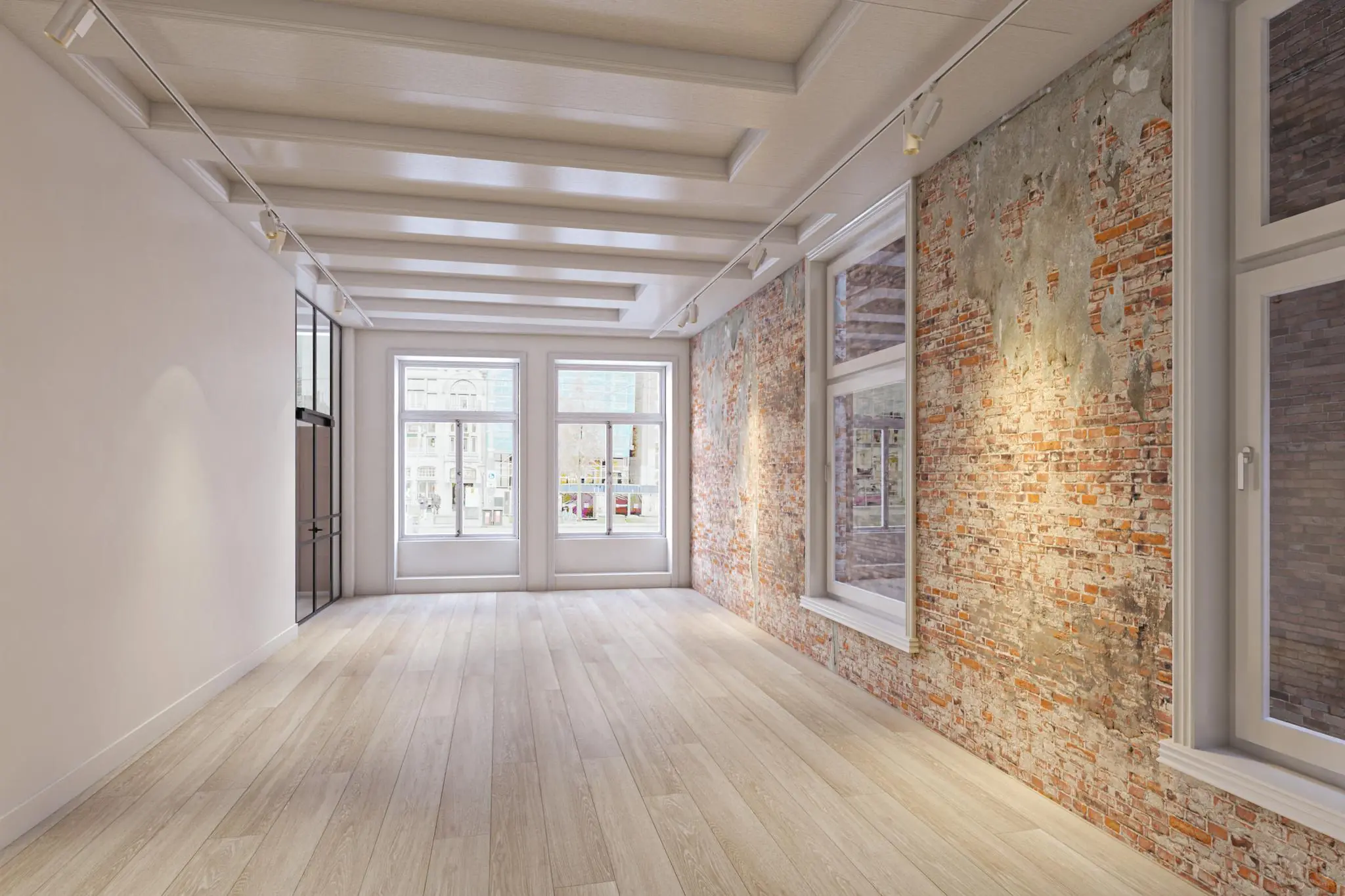 Licht en modern interieur aan het Rokin met houten vloer, grote ramen en een karakteristieke bakstenen muur.