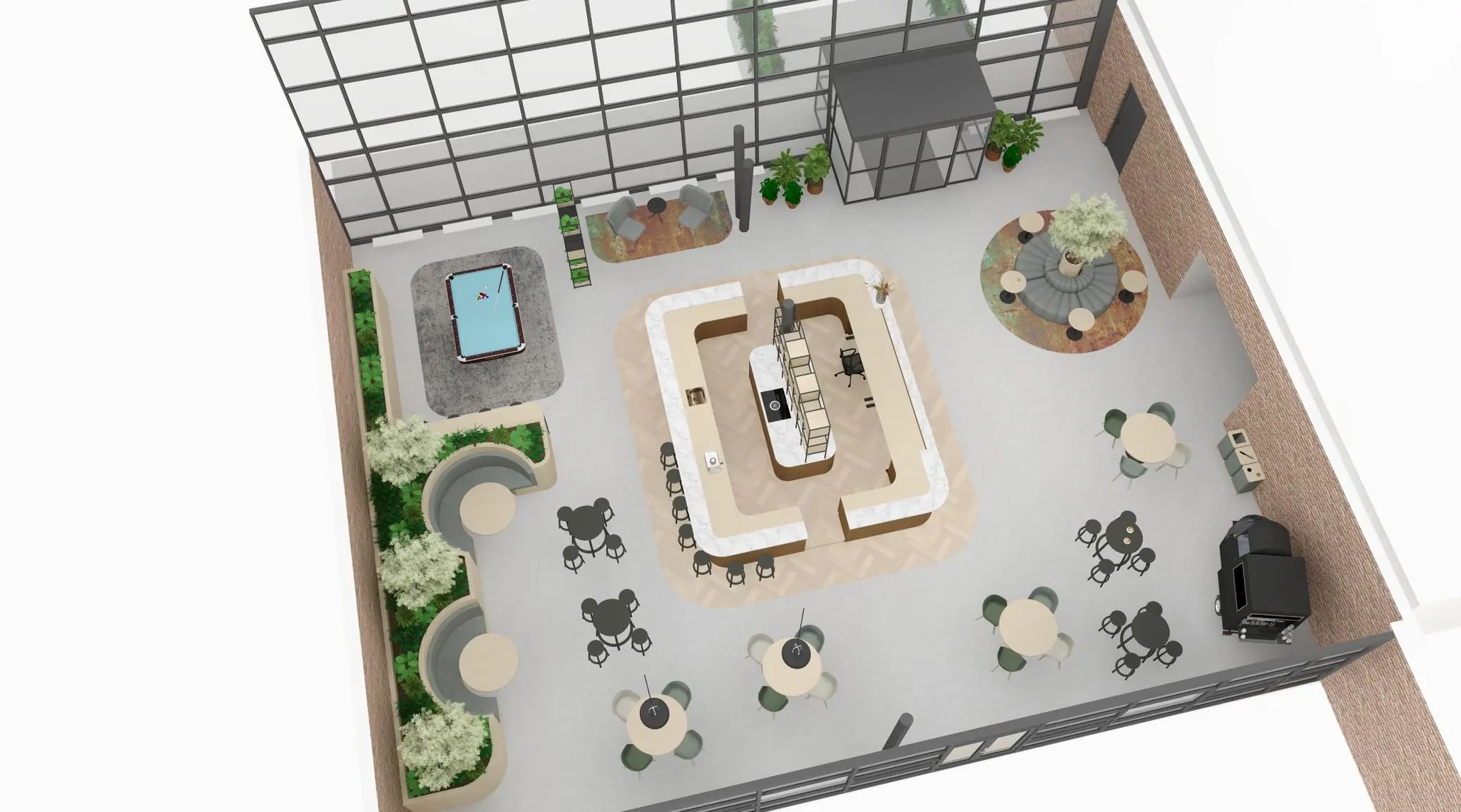 3D-ontwerp van een moderne bedrijfskantine in Rijnzathe met zitplekken, een koffiemeubel en een pooltafel.