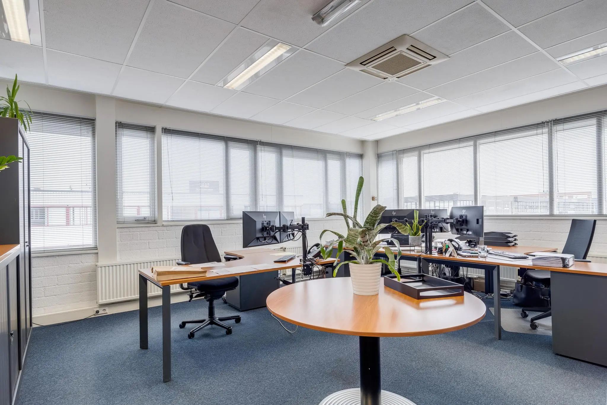 Modern ingericht kantoor aan de Savannahweg met meerdere werkplekken, grote ramen en een ronde tafel met plant.
