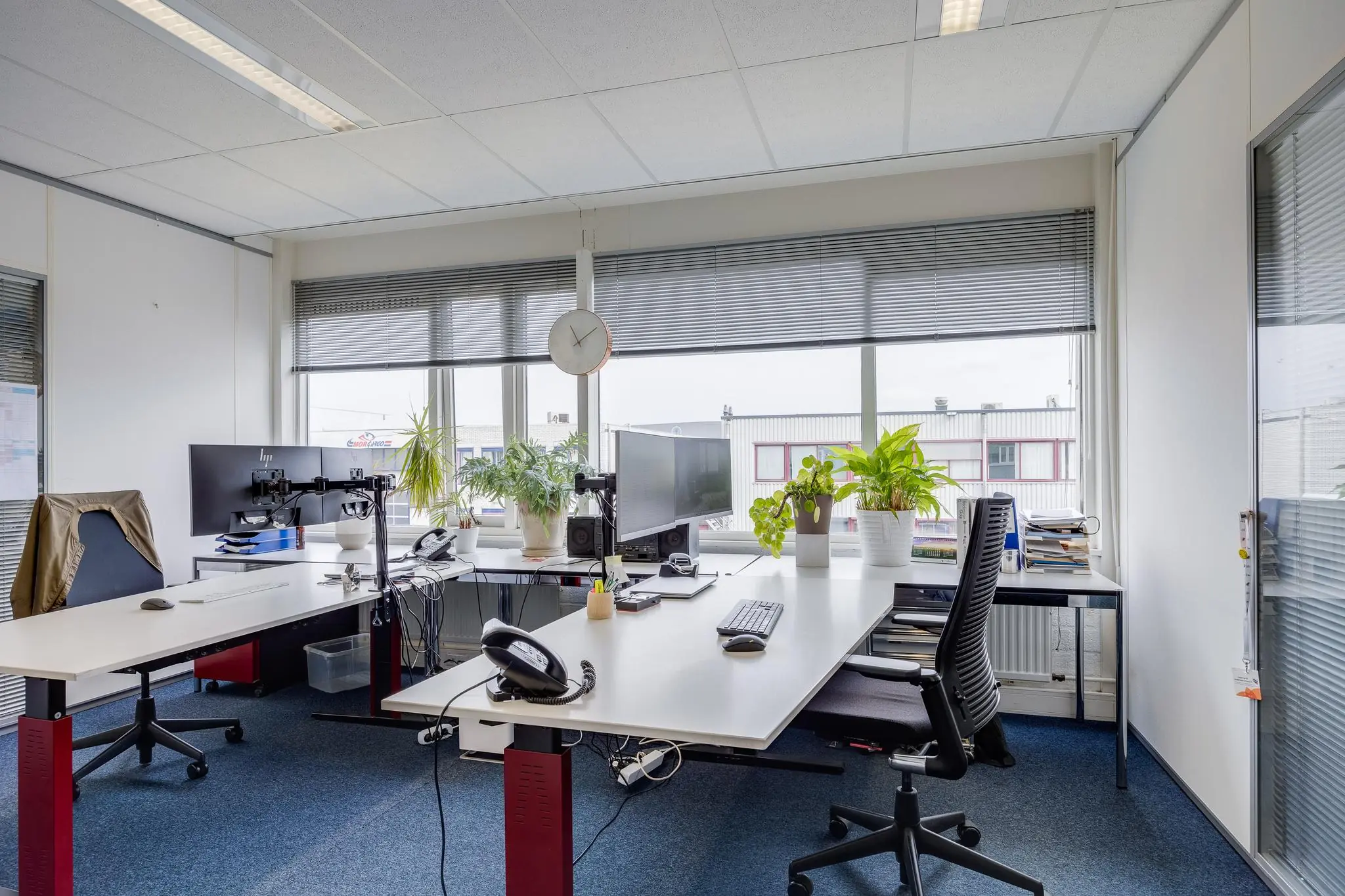 Modern en licht kantoor aan de Savannahweg met meerdere werkplekken, beeldschermen en kamerplanten.