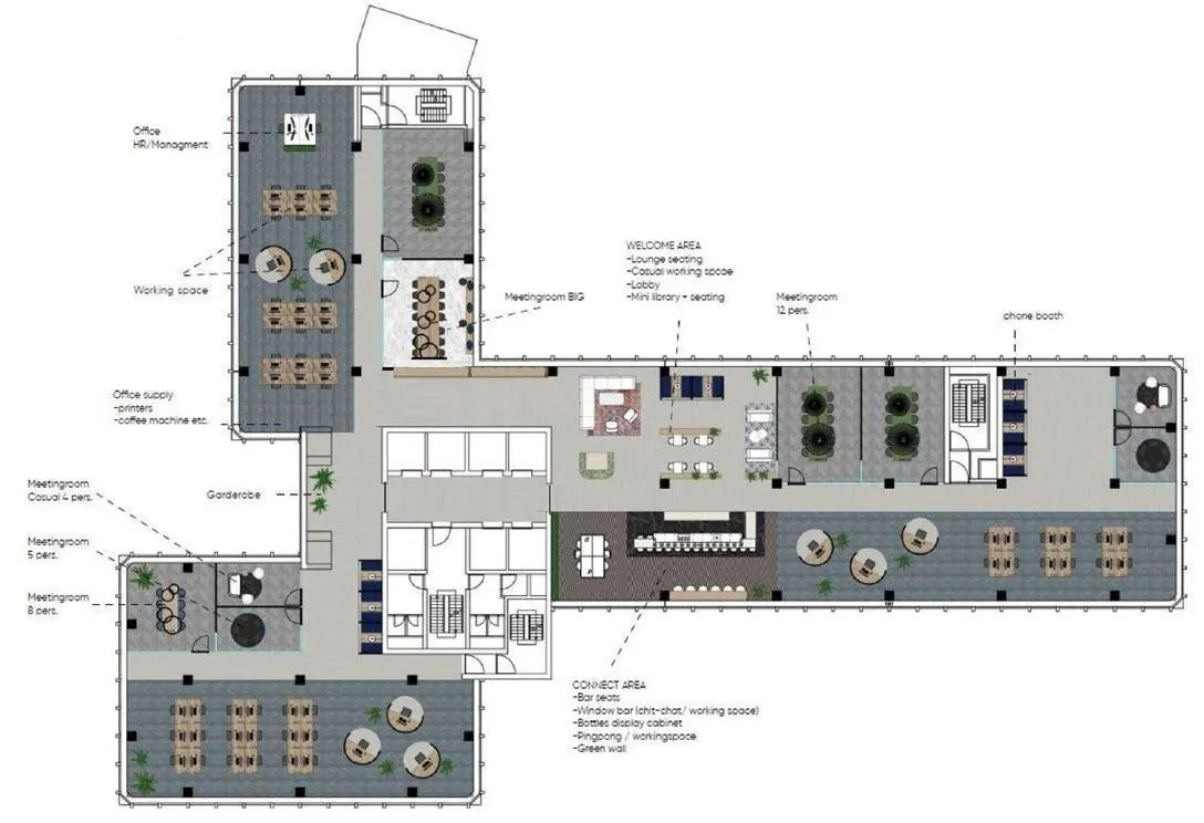 Plattegrond van een modern kantoor aan de Coolsingel met werkplekken, vergaderruimtes en een lounge- en baromgeving.