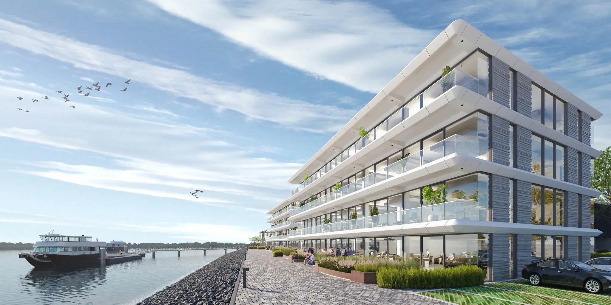 Modern appartementencomplex aan het water bij de Lindtsedijk met uitzicht op een aanlegsteiger en passerende veerboot.