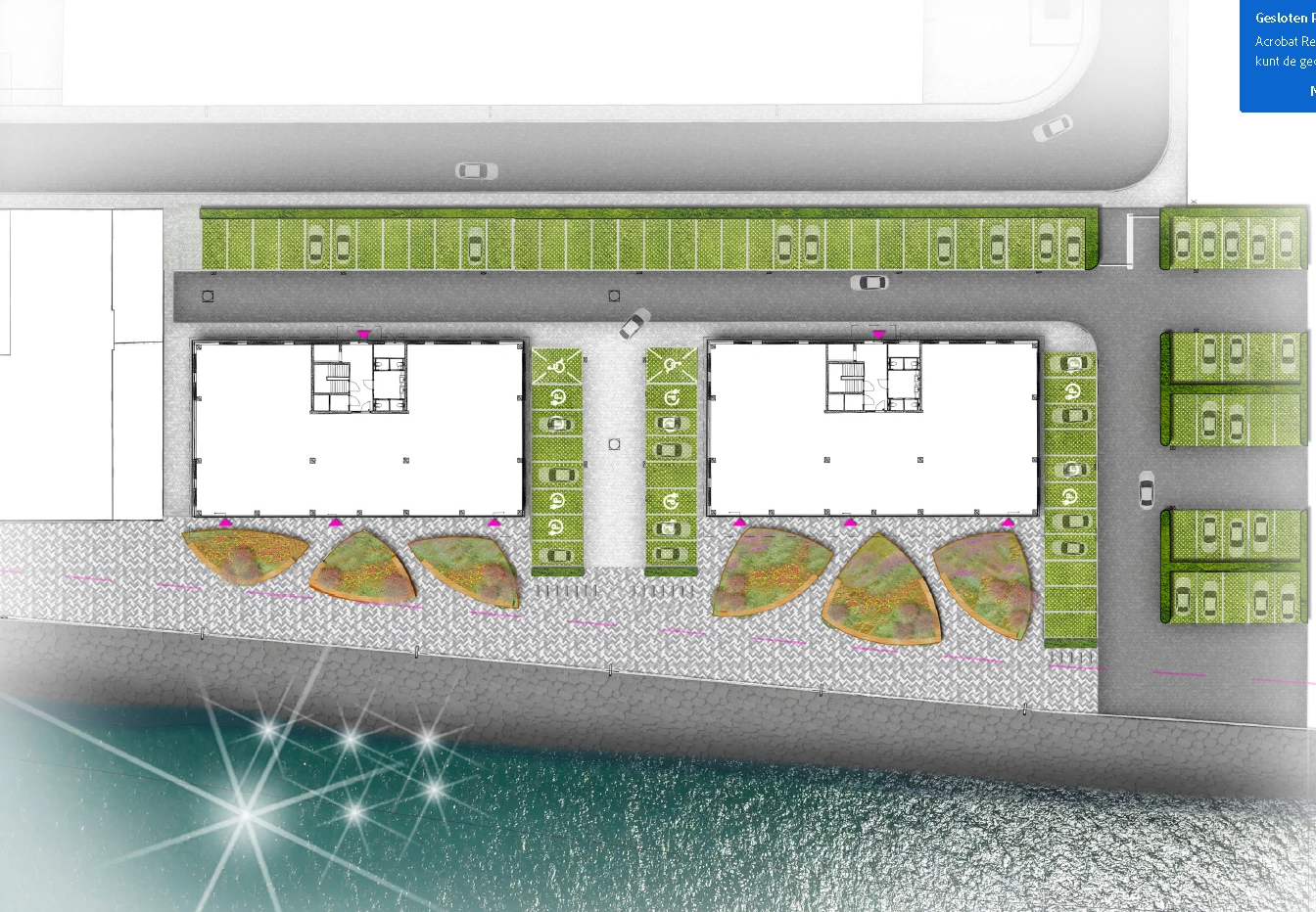 Bovenaanzicht van een ontwerptekening van de Lindtsedijk met twee gebouwen, parkeerplaatsen en plantsoenen langs het water.