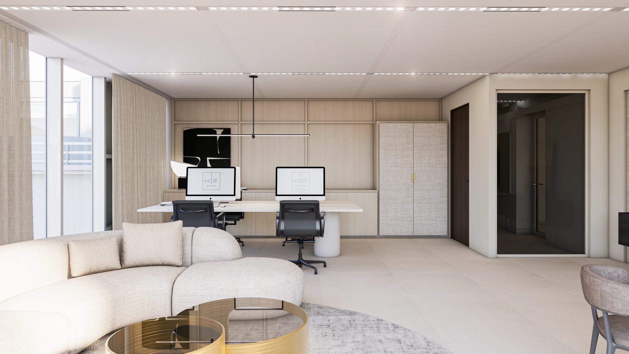 Modern kantoorinterieur aan de Strawinskylaan met werkplekken, loungehoek en minimalistische inrichting.