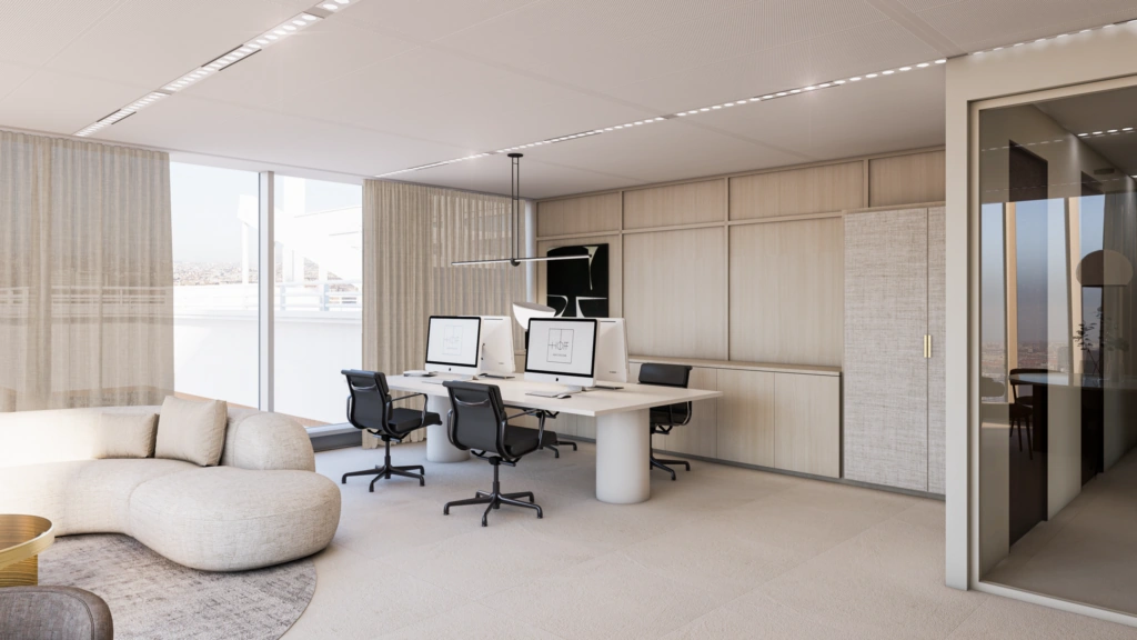 Modern kantoorinterieur aan de Strawinskylaan met werkplekken, designmeubilair en grote ramen met uitzicht op de stad.