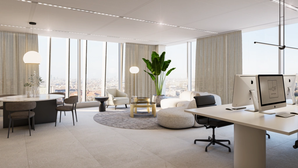 Luxe en modern ingericht kantoor met uitzicht over Amsterdam vanaf de Strawinskylaan.