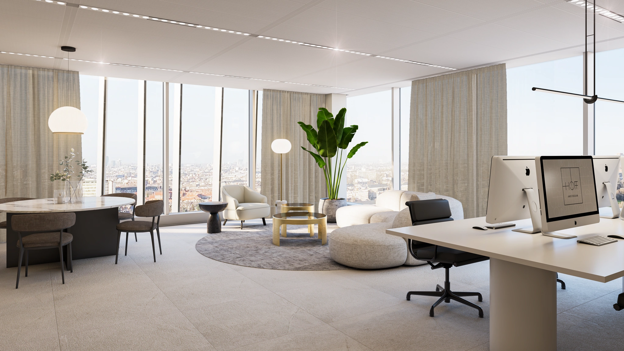 Luxe en modern ingericht kantoor met uitzicht over Amsterdam vanaf de Strawinskylaan.