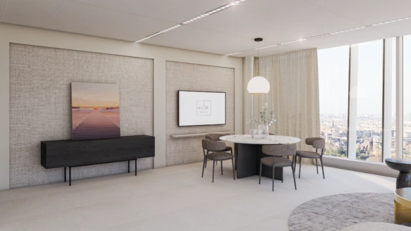 Luxe en licht ingerichte vergaderruimte in kantoorgebouw aan de Strawinskylaan met uitzicht over de stad.