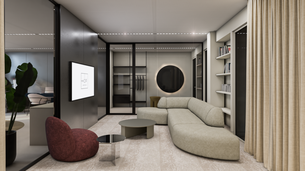 Modern ingerichte lounge in een kantoor aan de Strawinskylaan met een beige hoekbank, designstoelen en glazen wanden.