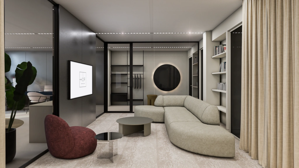 Modern ingerichte lounge in een kantoor aan de Strawinskylaan met een beige hoekbank, designstoelen en glazen wanden.