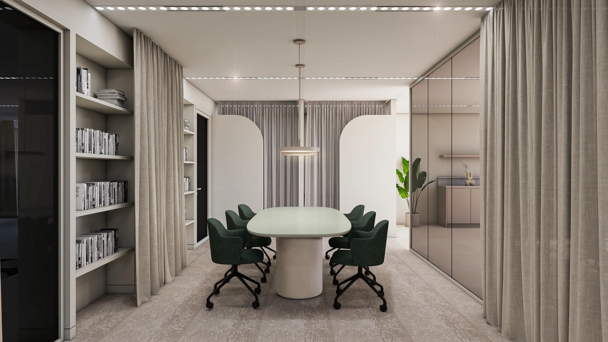 Moderne vergaderruimte aan de Strawinskylaan met een ovale tafel, donkergroene stoelen en een strakke, minimalistische inrichting.