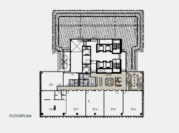 Plattegrond van kantoorverdieping aan de Strawinskylaan met genummerde ruimtes en gemeenschappelijke voorzieningen.