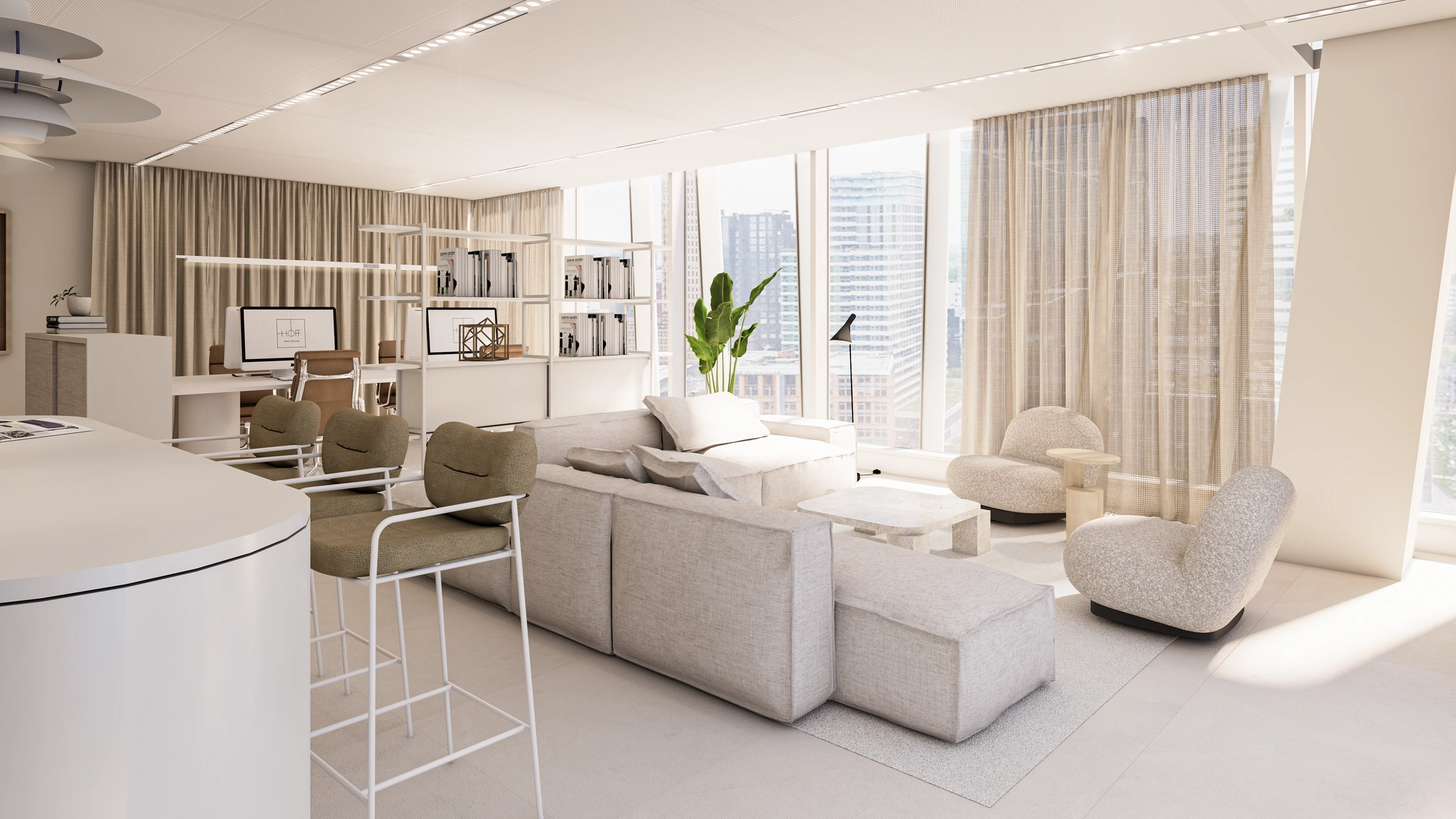 Modern ingerichte kantoorruimte aan de Strawinskylaan met licht interieur, grote ramen en uitzicht op de stad.