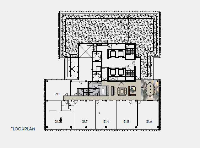 Plattegrond van een kantoorverdieping aan de Strawinskylaan met genummerde ruimtes en gemeenschappelijke voorzieningen.