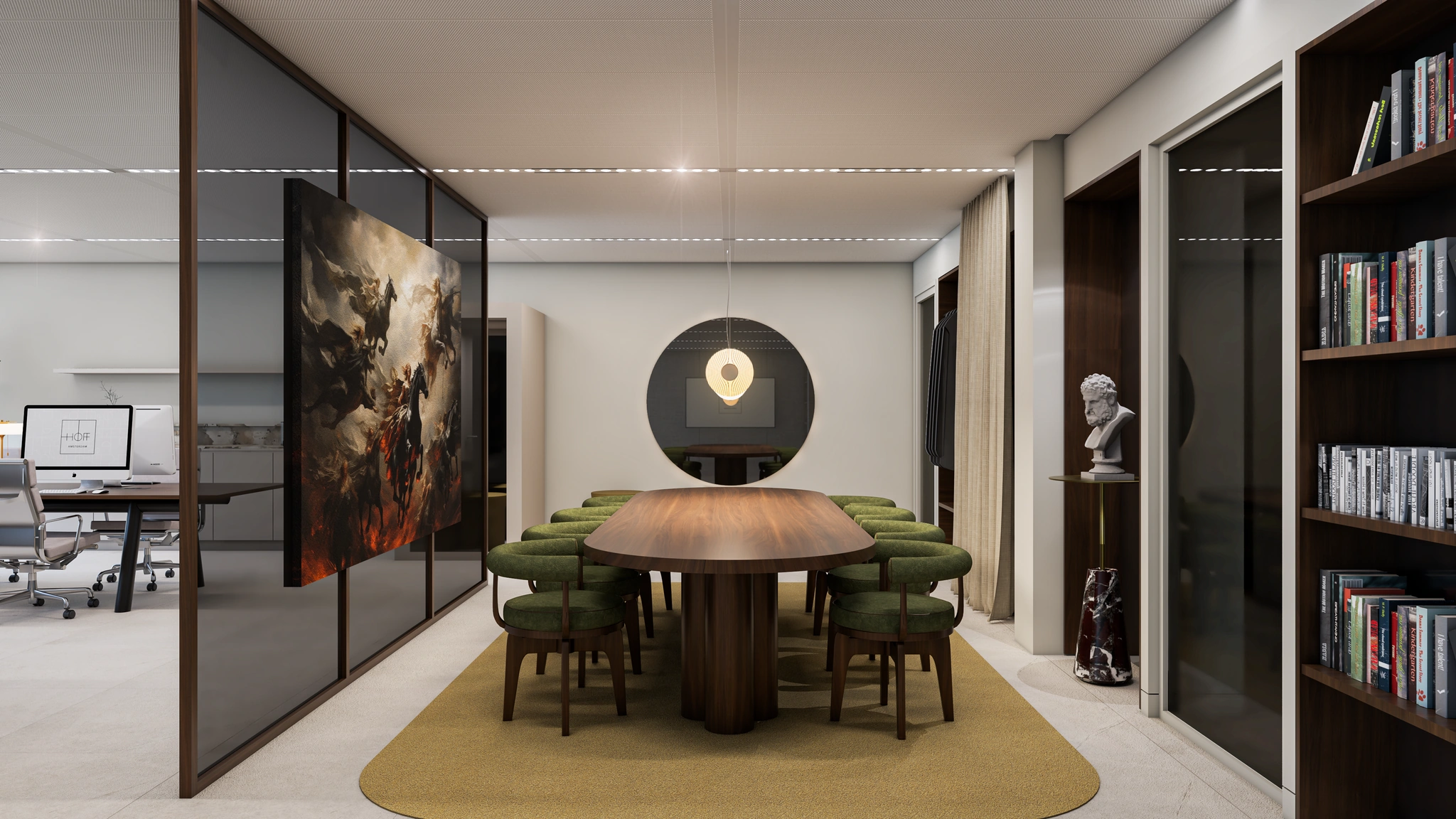 Modern ingerichte vergaderruimte aan de Strawinskylaan met houten tafel, groene stoelen, kunst aan de muur en een boekenkast.