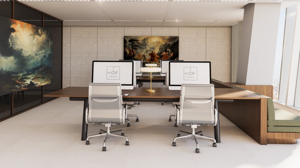 Modern kantoorinterieur aan de Strawinskylaan met strakke werkplekken, grote kunstwerken en uitzicht op de stad.