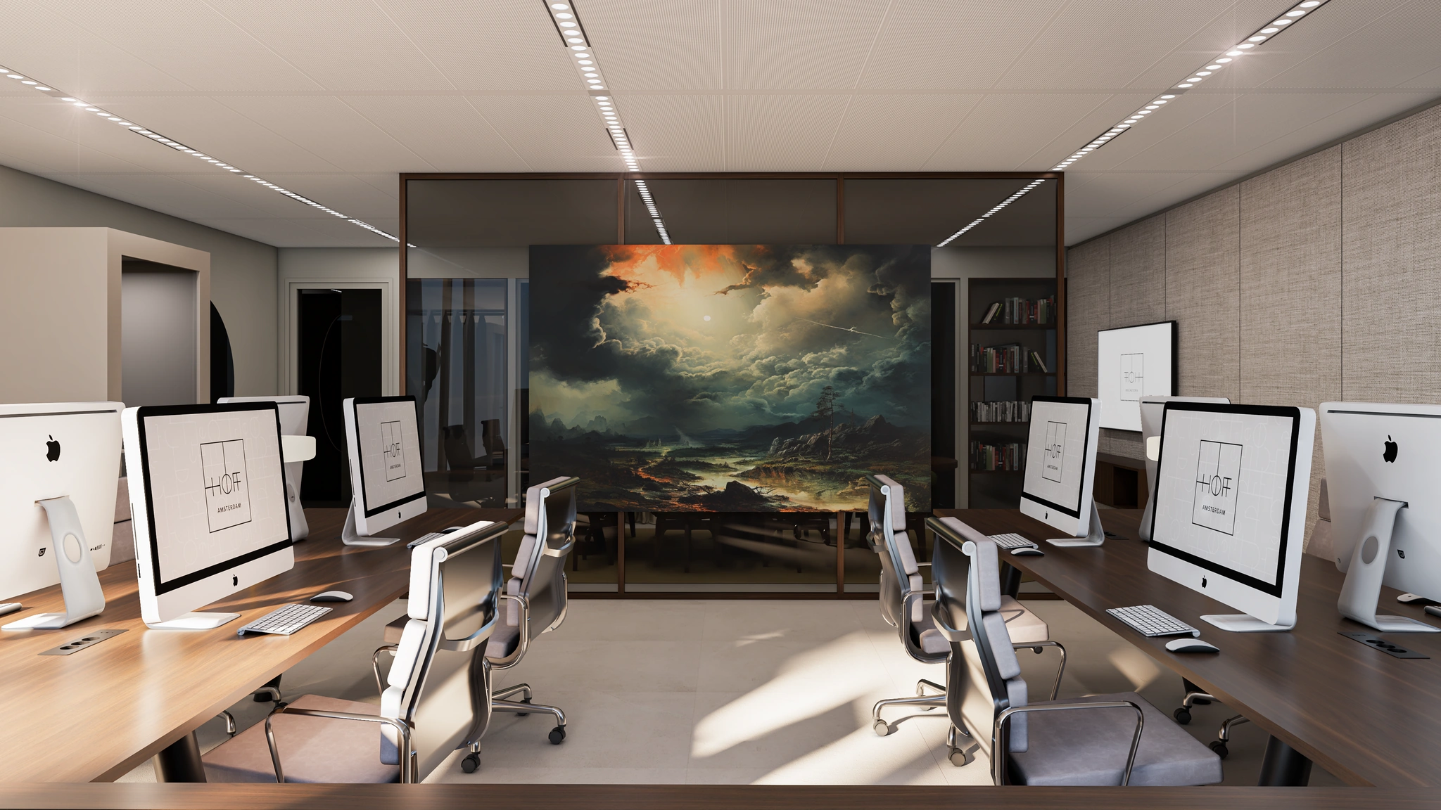 Moderne kantooruimte aan de Strawinskylaan met werkplekken, iMacs en een opvallend kunstwerk op de achterwand.