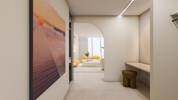 Moderne, lichte hal met uitzicht op een stijlvolle woonkamer aan de Strawinskylaan, met opvallende wandkunst en designmeubilair.