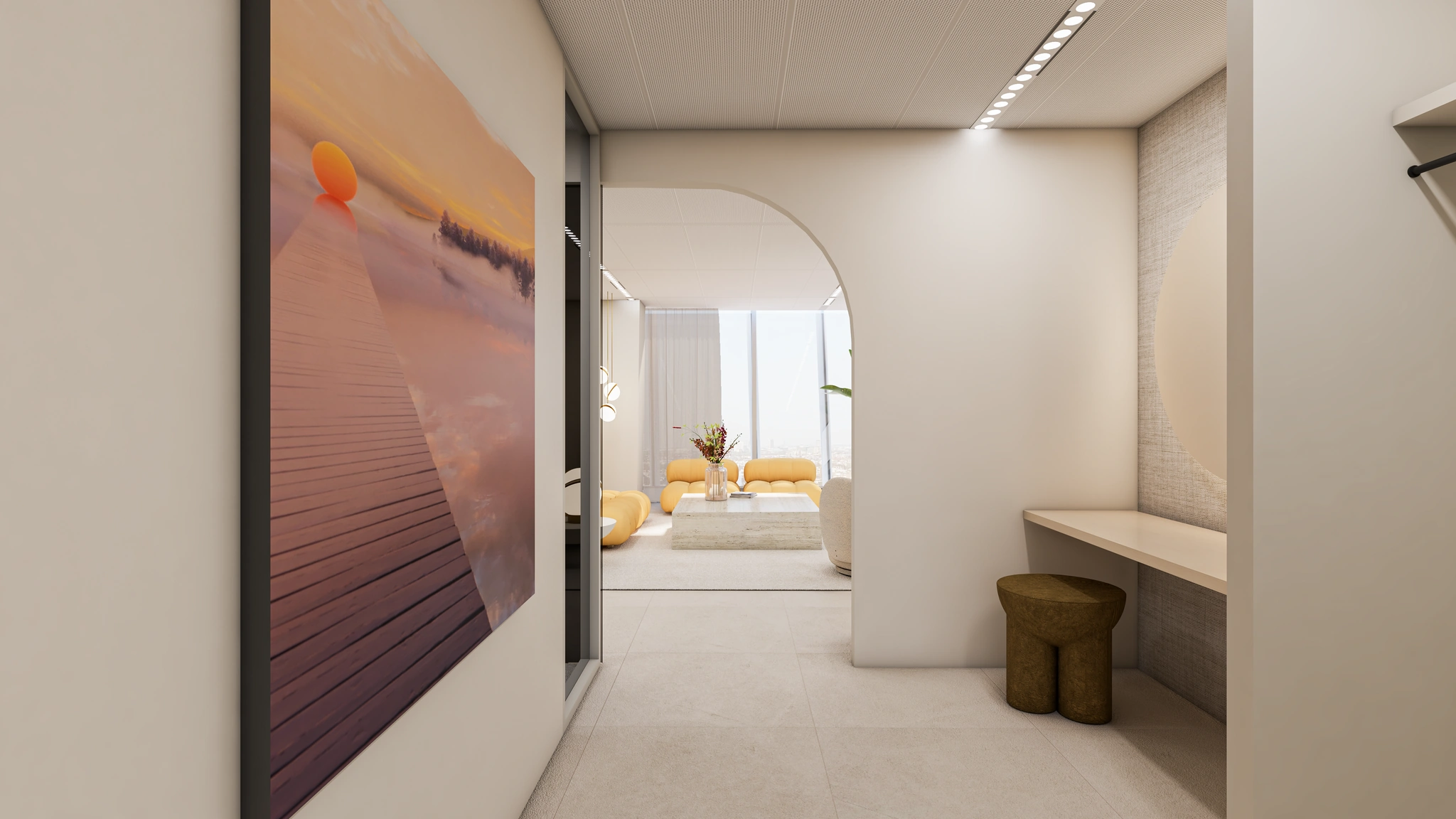 Moderne, lichte hal met uitzicht op een stijlvolle woonkamer aan de Strawinskylaan, met opvallende wandkunst en designmeubilair.