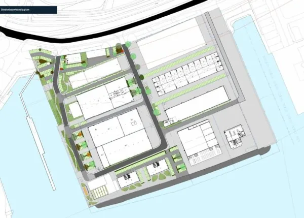 Stedenbouwkundig plan van het bedrijventerrein aan de Lindtsedijk met gebouwen, wegen, groenstroken en waterkanten.
